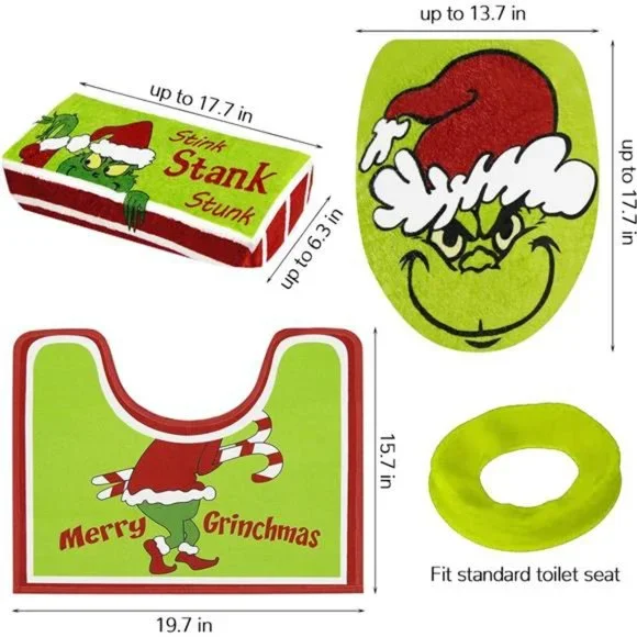 Set of 4 Grinch Decor Toilet Seat Cover and Rug for Indoor Home Red - Green